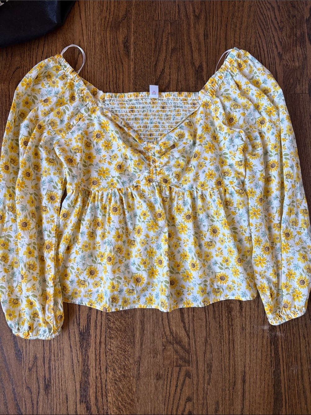 Yellow Floral Peasant Blouse - V-Neck Long Sleeve